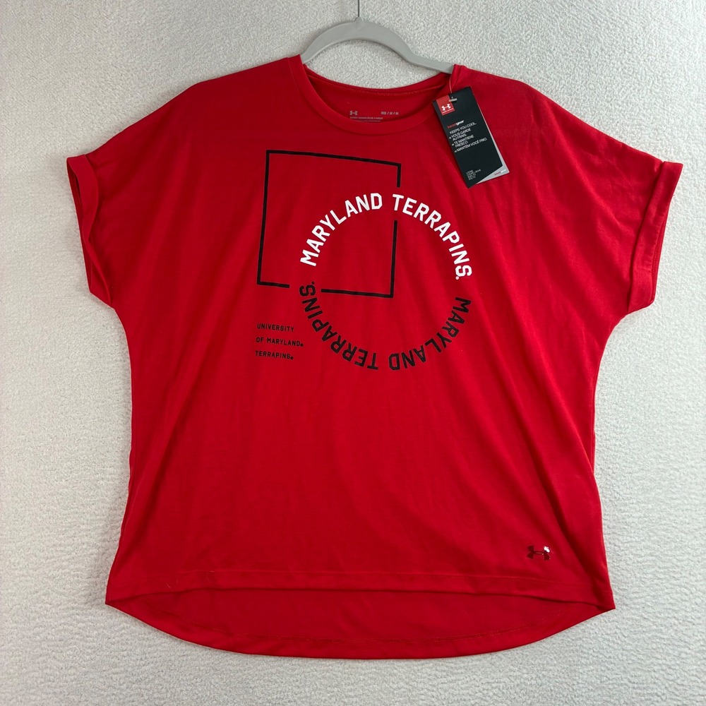 Under Armour Maryland Terrapins T Shirt Women M Red Loose Top HeatGear Boxy NWT